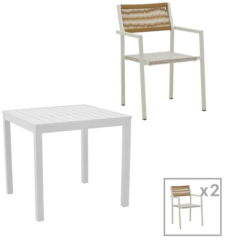 Τραπεζαρία Savor-Kliton σετ 3τεμ λευκό αλουμίνιο και rattan σε φυσικό χρώμα 80x80x74εκ 80x80x74 εκ.