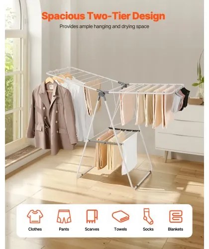 VEVOR 2-Tier Foldable Clothes Drying Rack with Sock Clips & 21 Drying Rods White