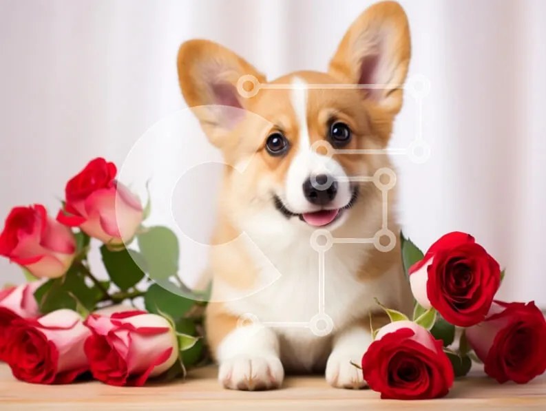 Intra Συλλεκτικό Ξύλινο Παζλ Plywood  4mm - Κουτάβι Corgi που περιβάλλεται από τριαντάφυλλα Σε Ξύλινο Κουτί - Διαστάσεις: 10x10 cm – 25 κομμάτια