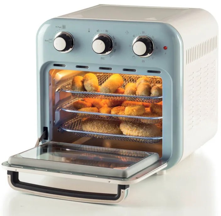 Φριτέζα-φούρνος ζεστού αέρα Ariete VINTAGE 4632/05, 1400W, 16 l, Μέχρι 230C, Χρονοδιακόπτης 60 min, Περιστρεφόμενο καλάθι, Λευκό/Μπλε