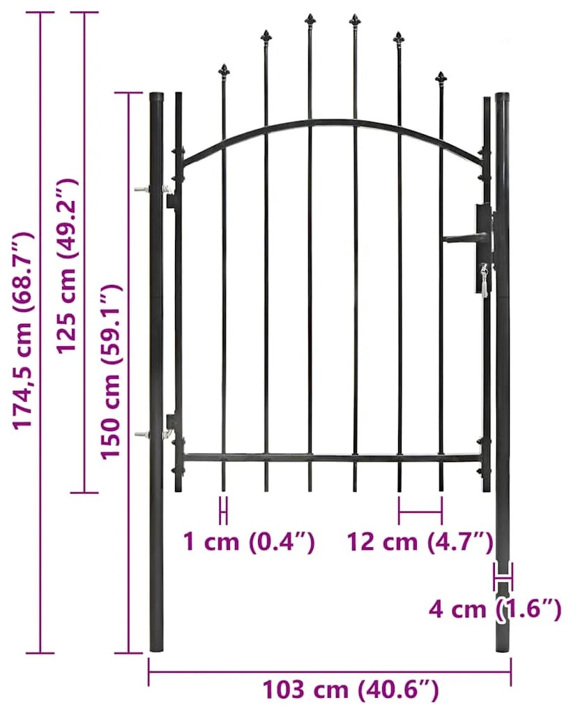vidaXL Καγκελόπορτα Μαύρη 1 x 1,75 μ. Ατσάλινη