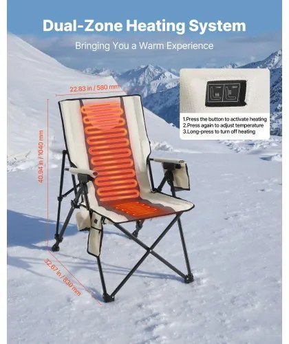 VEVOR Heated Camping Chair, 3 Heat Settings, High Back Folding Camping Chair, Supports 260lbs, Full Padded Beach Chairs with Armrest & Cupholder, Portable Lawn Chairs for Outdoor Sports Travel