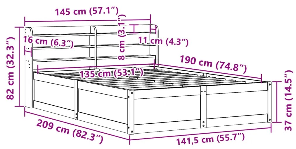 Πλαίσιο Κρεβατιού Κεφαλάρι Καφέ Κεριού 135x190 εκ. Μασίφ Πεύκο - Καφέ