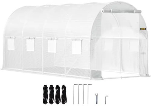 VEVOR Walk-in Tunnel Greenhouse, 15 x 6.5 x 7 ft Portable Plant Hot House w/ Galvanized Steel Hoops, 1 Top Beam, 2  x Diagonal Poles, 2 Zippered Doors &amp; 8 Roll-up Windows, White