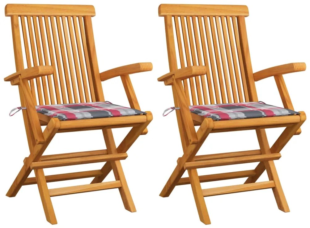 vidaXL Καρέκλες Κήπου 2 τεμ. Μασίφ Ξύλο Teak με Κόκκινα Καρό Μαξιλάρια