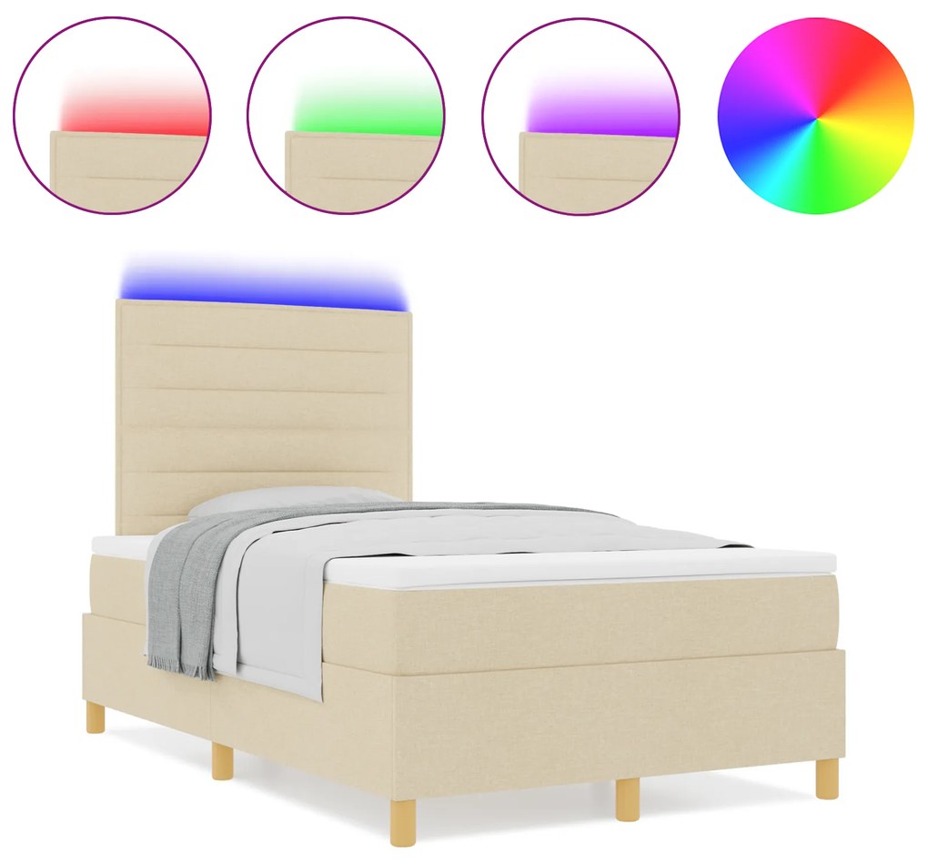 vidaXL Κρεβάτι με ελατήριο με στρώμα & LED Κρεμ 120x190 εκ. Ύφασμα
