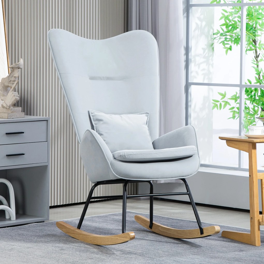 HOMCOM Καρέκλα Κουνιστή, Μαλακή Βελούδινη Επένδυση, με Μαξιλάρι Οσφυϊκής Μοίρας, Φορτίο έως 120 kg, 67 x 85 x 112 cm, Ανοιχτό Γκρι