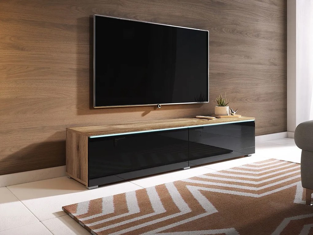 Τραπέζι Tv Sarasota 120, Γυαλιστερό μαύρο, Wotan δρυς, Ο αριθμός των θυρών: 2, 140x30x33cm, 22 kg | Epipla1.gr