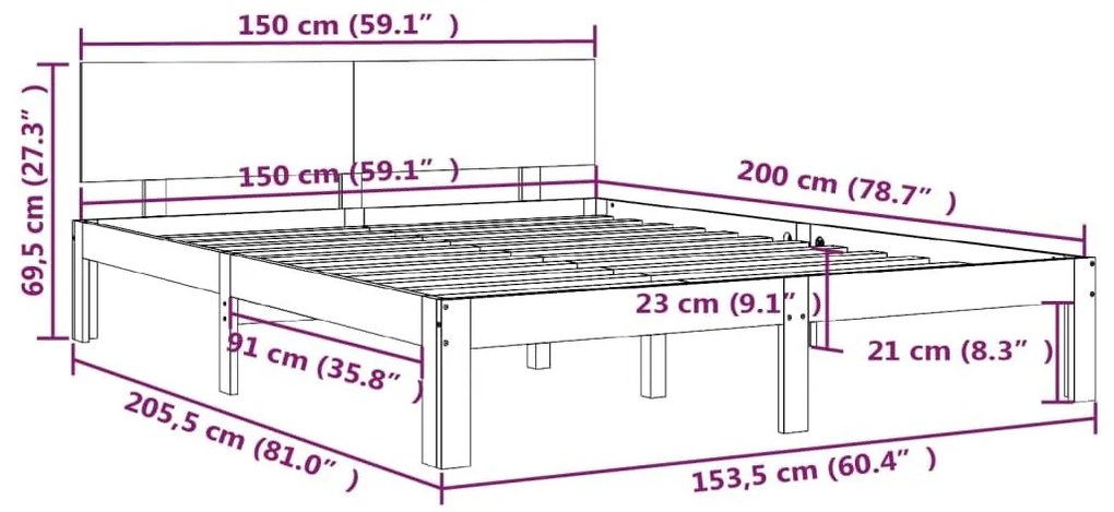 Πλαίσιο Κρεβατιού Μαύρο 150 x 200 εκ. Μασίφ Ξύλο King Size - Μαύρο