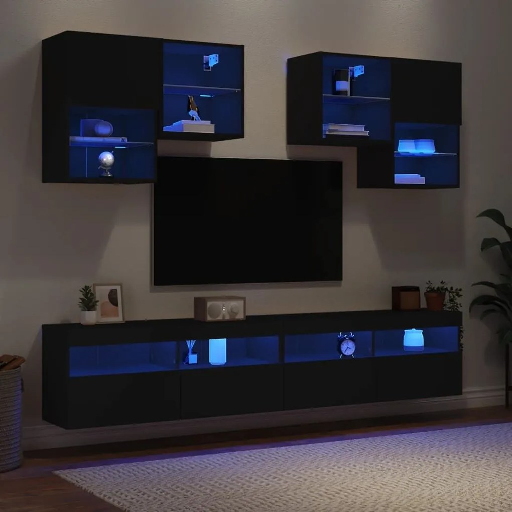 Ντουλάπια Τηλεόρασης Τοίχου Σετ 6 Τεμαχίων με Φώτα LED Μαύρα - Μαύρο