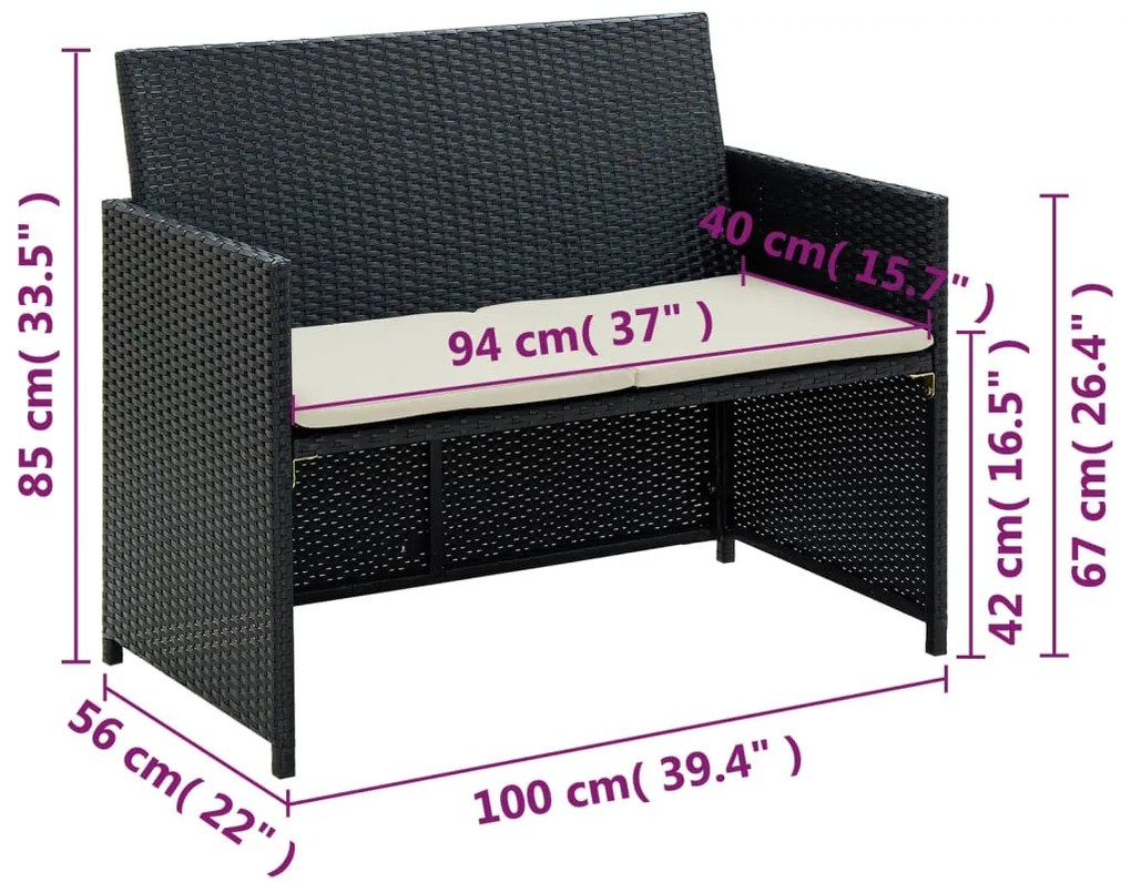vidaXL Καναπές Κήπου Διθέσιος Μαύρος από Συνθετικό Ρατάν με Μαξιλάρια
