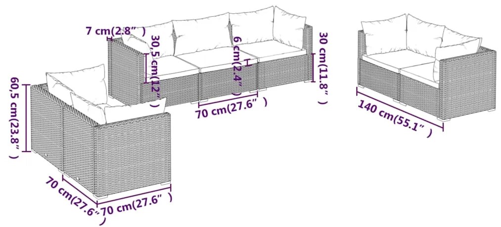 vidaXL Σαλόνι Κήπου Σετ 7 Τεμαχίων Μαύρο Συνθετικό Ρατάν με Μαξιλάρια