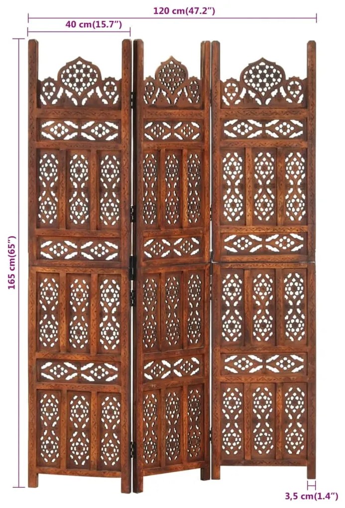 vidaXL Παραβάν Σκαλιστό στο Χέρι 3 Πάνελ Καφέ 120x165 εκ. Ξύλο Μάνγκο