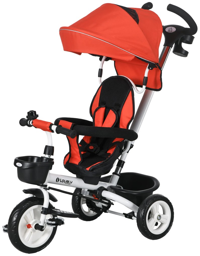 Παιδικό τρίκυκλο HOMCOM 6-σε-1 με ράβδο ώθησης, τέντα, ζώνη, καλάθι αποθήκευσης, 18+ μηνών, Κόκκινο