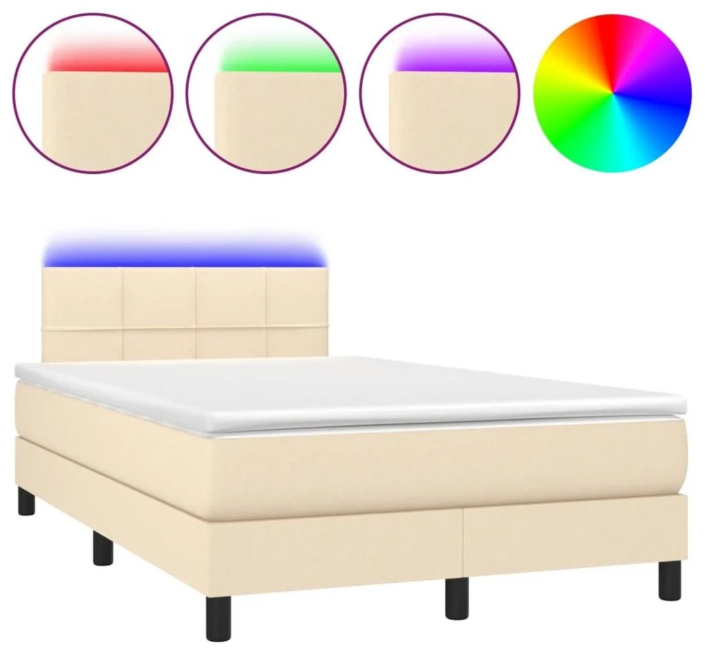 Κρεβάτι Boxspring με Στρώμα &amp; LED Κρεμ 120x200 εκ. Υφασμάτινο - Κρεμ