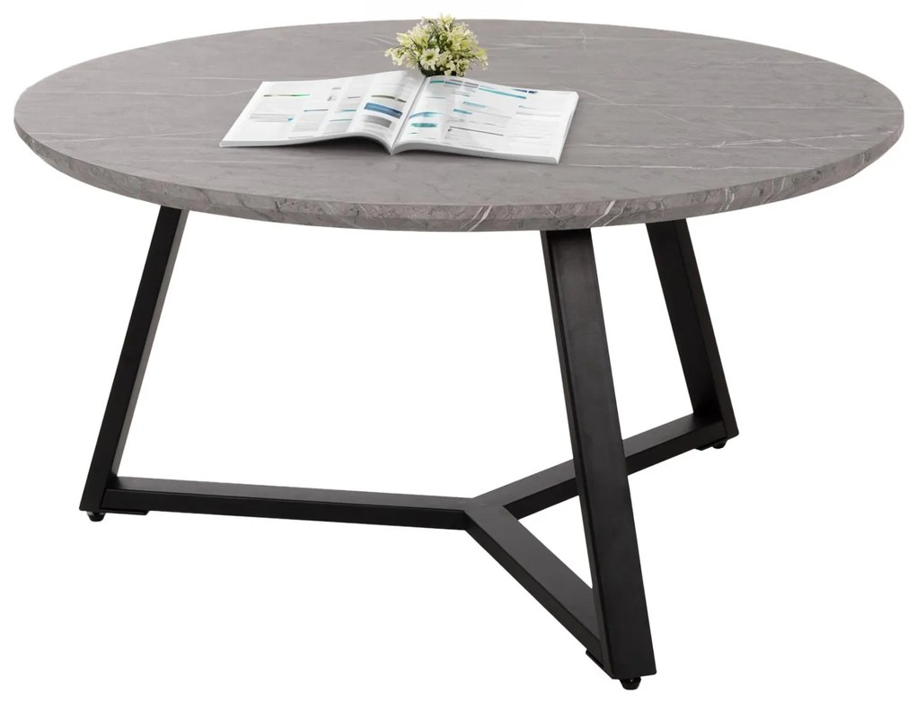 COFFEE TABLE ROUND  MDF GREY MARBLE-BLACK TEXTURED METAL BASE Φ80x42Hcm.