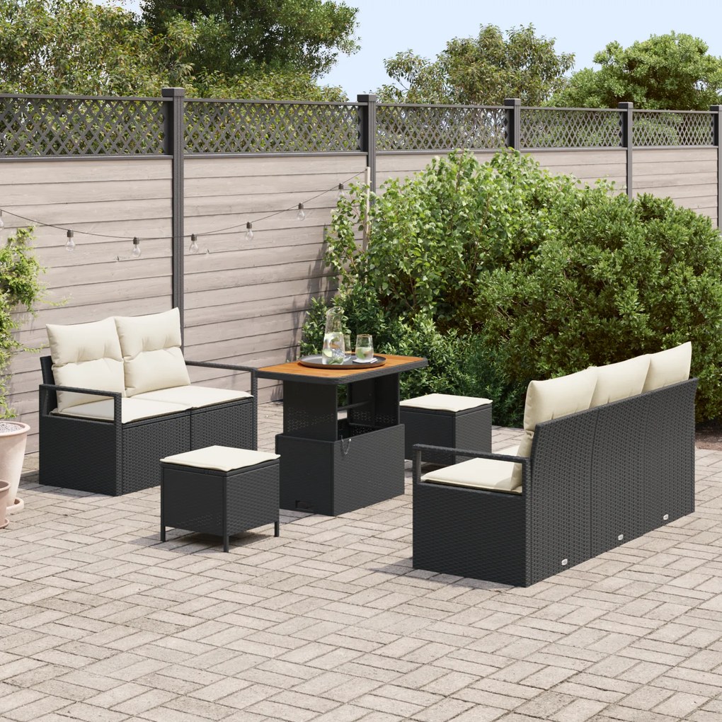 vidaXL σετ καναπέ 8 τεμαχίων με μαξιλάρια μαύρο poly rattan ακακία