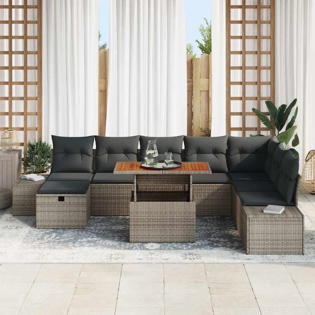 vidaXL Σετ Καναπέ Κήπου με μαξιλάρι 9 pcs Γκρι Πολυ ράταν