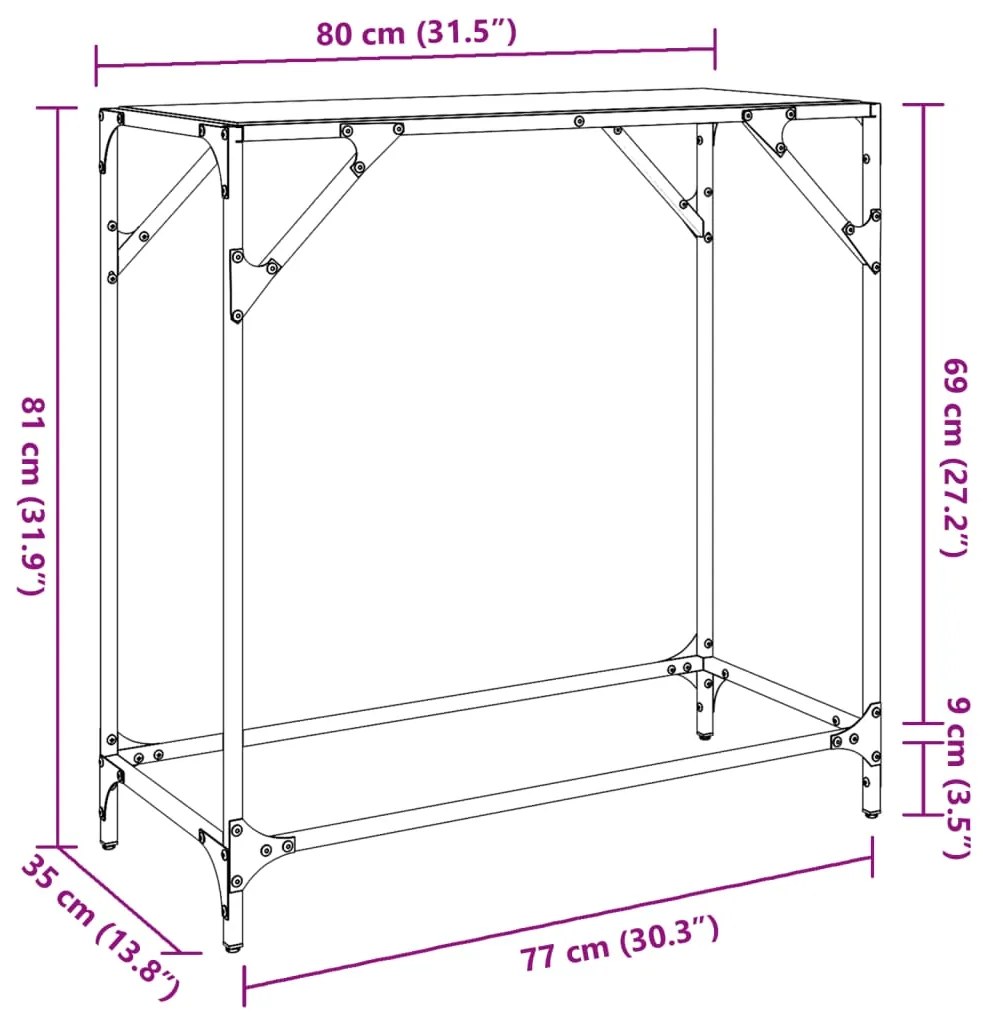 Τραπέζι Κονσόλα Επιφάνεια Μαύρο Γυαλί 80 x 35 x 81 εκ. Ατσάλι - Μαύρο