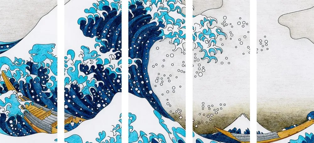 Αναπαραγωγή εικόνας 5 μερών The Great Wave από την Kanagawa Hokusai - 100x50