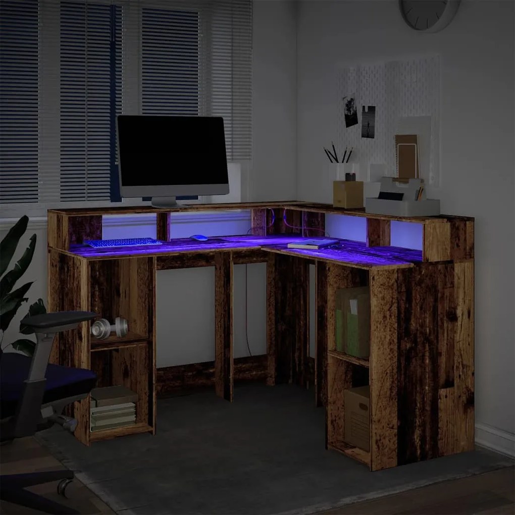 vidaXL Γραφείο με LED Όψη Παλαιού Ξύλου 130x130x91 εκ. Επεξεργ. Ξύλο