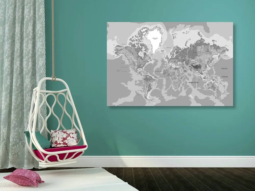 Εικόνα στο φελλό ενός κλασικού παγκόσμιου χάρτη σε ασπρόμαυρο - 90x60  transparent
