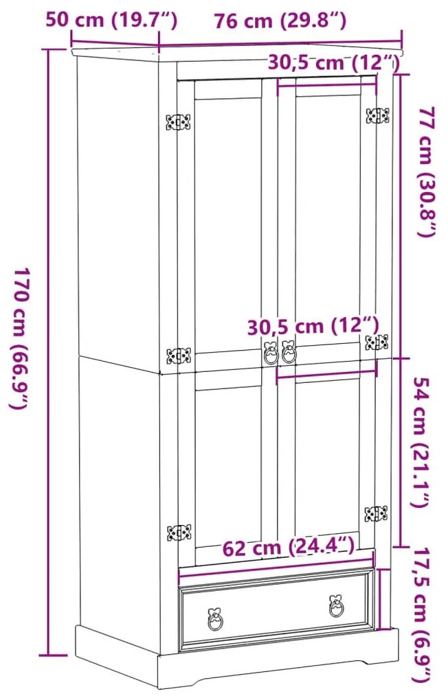 Ντουλάπα Corona 76x50x170 εκ. από Μασίφ Ξύλο Πεύκου - Καφέ