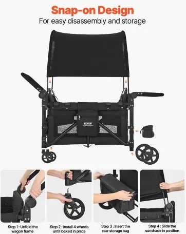 VEVOR Wagon Stroller for 4 Kids Push Pull Collapsible Stroller 330LBS Loading