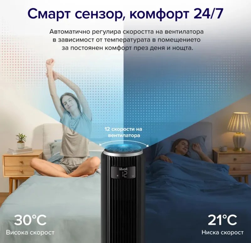 Ανεμιστήρας πύργου Levoit TempSense 36 DC, 26W, 92 cm, Για έως 49 m2, 12 ταχύτητες, 4 λειτουργίες, Χρονοδιακόπτης, Ταλάντωση 90C, Τηλεχειριστήριο, Μαύρο