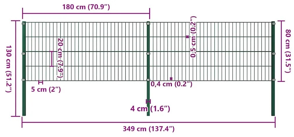 vidaXL Πάνελ Περίφραξης με Στύλους Σιδερένιο Πράσινο 349 x 80 εκ.