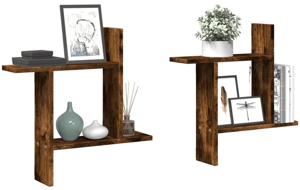 Ραφιέρες Τοίχου 2 τεμ. Καπνιστή Δρυς 50x12x50 εκ. Επεξεργ. Ξύλο