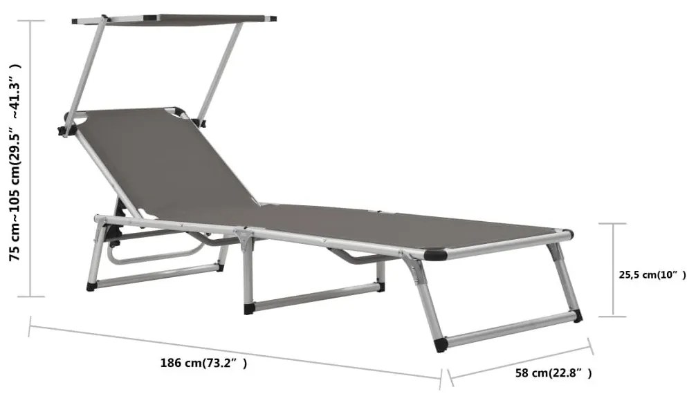Ξαπλώστρα Πτυσσόμενη Γκρι από Αλουμίνιο/Textilene με Σκίαστρο - Γκρι