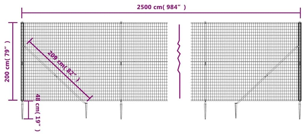 vidaXL Συρματόπλεγμα Περίφραξης Ανθρακί 2 x 25 μ. με Καρφωτές Βάσεις