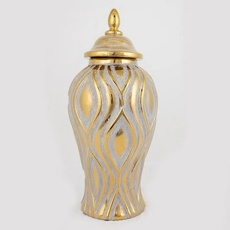 Βάζο Κεραμικό Με Καπάκι 752-20016 18.8x18.8x42.6cm Silver-Gold Estheti Home Κεραμικό