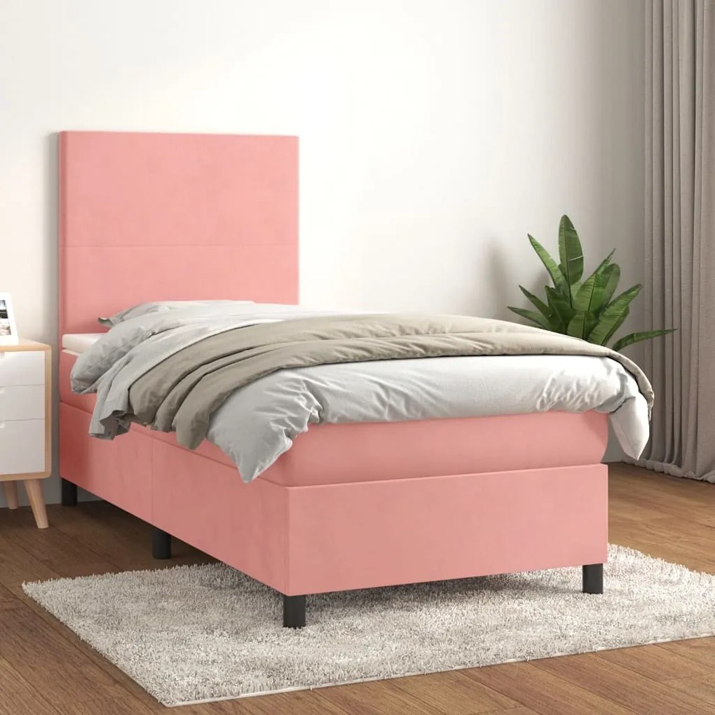 Κρεβάτι Boxspring με Στρώμα Ροζ 100x200 εκ. Βελούδινο