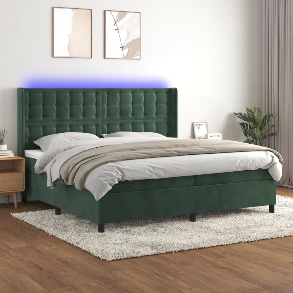 Κρεβάτι Boxspring με Στρώμα &amp; LED Σκ. Πράσινο 200x200εκ Βελούδο - Πράσινο