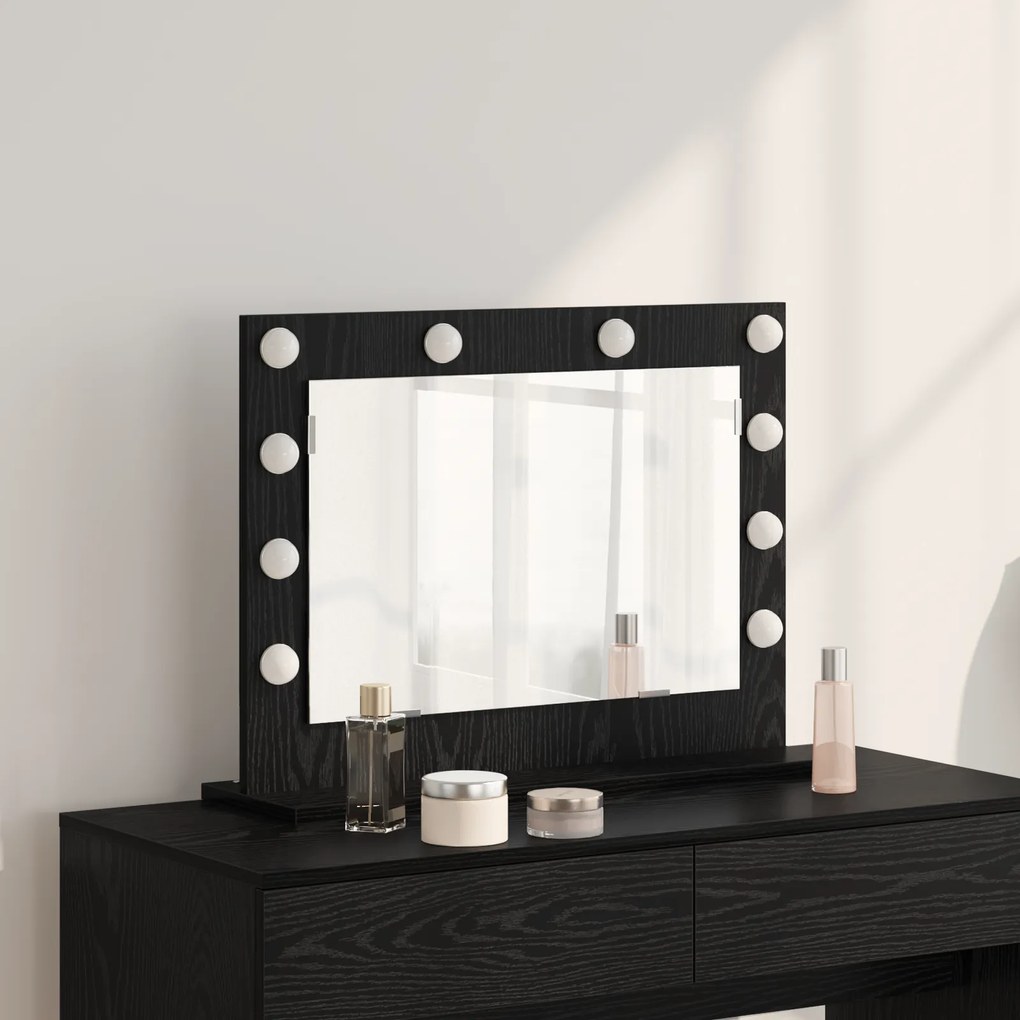vidaXL Καθρέφτης Vanity με Φώτα LED Μαύρη Δρυς 60x45x18 εκ.