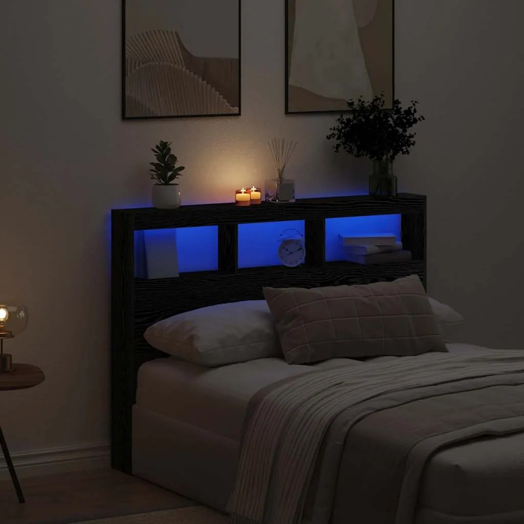 vidaXL Κεφαλάρι με Αποθηκευτικό Χώρο &amp; LED Μαύρο Δρυς 140x17x102 εκ.
