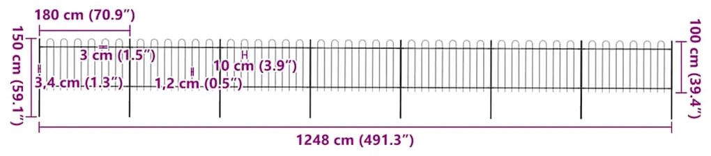 vidaXL Φράχτης Κήπου με Κορυφή από Ατσάλι, Μαύρος 1248 x 100 εκ.