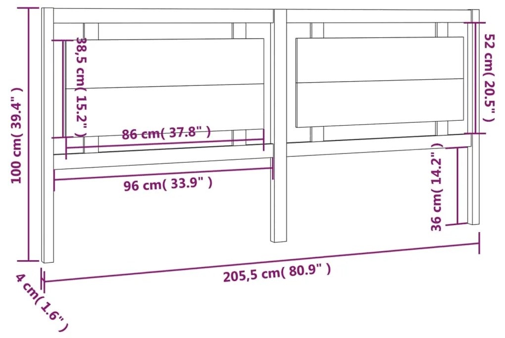 vidaXL Κεφαλάρι Κρεβατιού 205,5x4x100 εκ. από Μασίφ Ξύλο Πεύκου