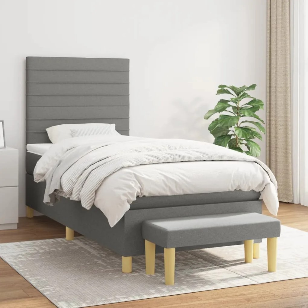 Κρεβάτι Boxspring με Στρώμα Σκούρο Γκρι 90x190 εκ. Υφασμάτινο - Γκρι