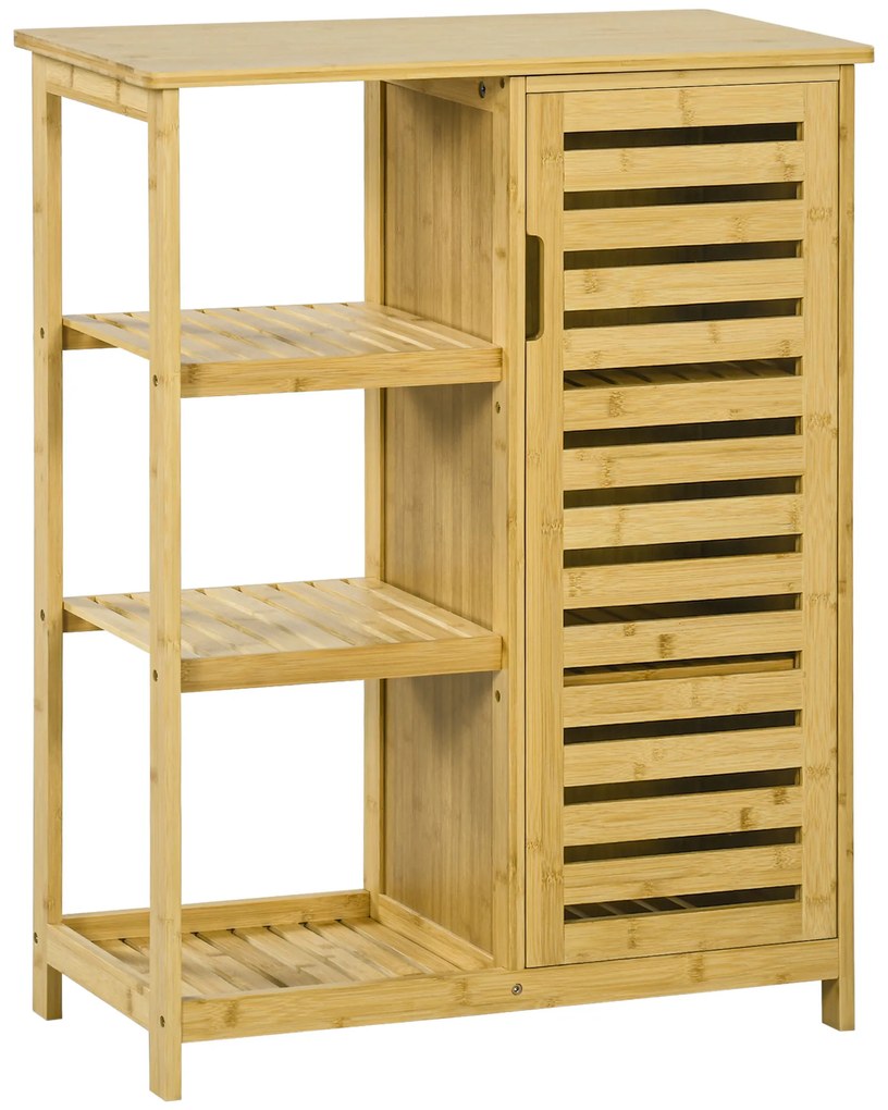 Ντουλάπι μπάνιου kleankin από μπαμπού, 3 ράφια, 1 ντουλάπι με περσίδες πόρτες, φυσικό