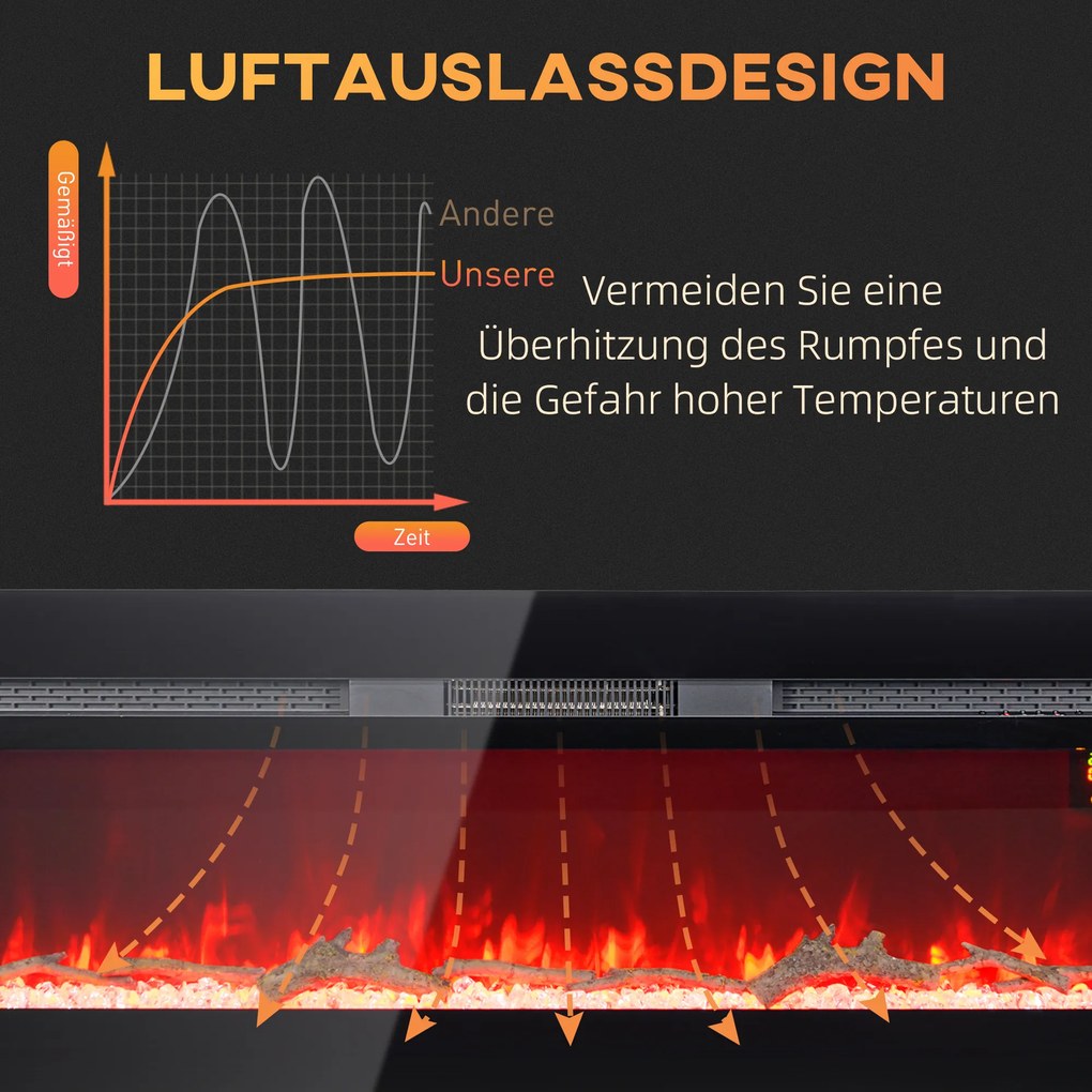 Ηλεκτρικό τζάκι HOMCOM για επιτοίχια τοποθέτηση με τηλεχειριστήριο, ψεύτικα ξύλα και κρύσταλλα, ισχύς 1800W, Μαύρο