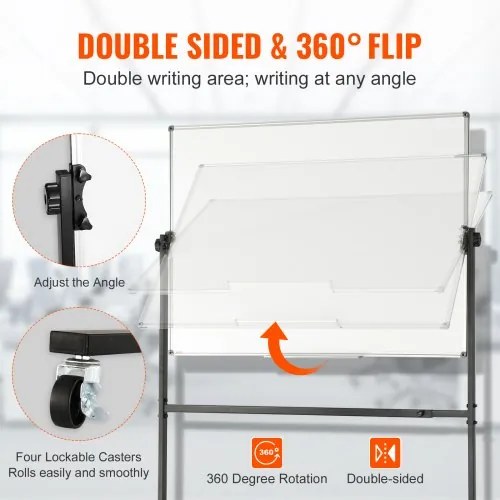 VEVOR Rolling Whiteboard, 48x32 inch Double-Sided Magnetic Mobile Whiteboard, 360° Reversible Adjustable Height Dry Erase Board with Wheels & Movable Tray for Office School