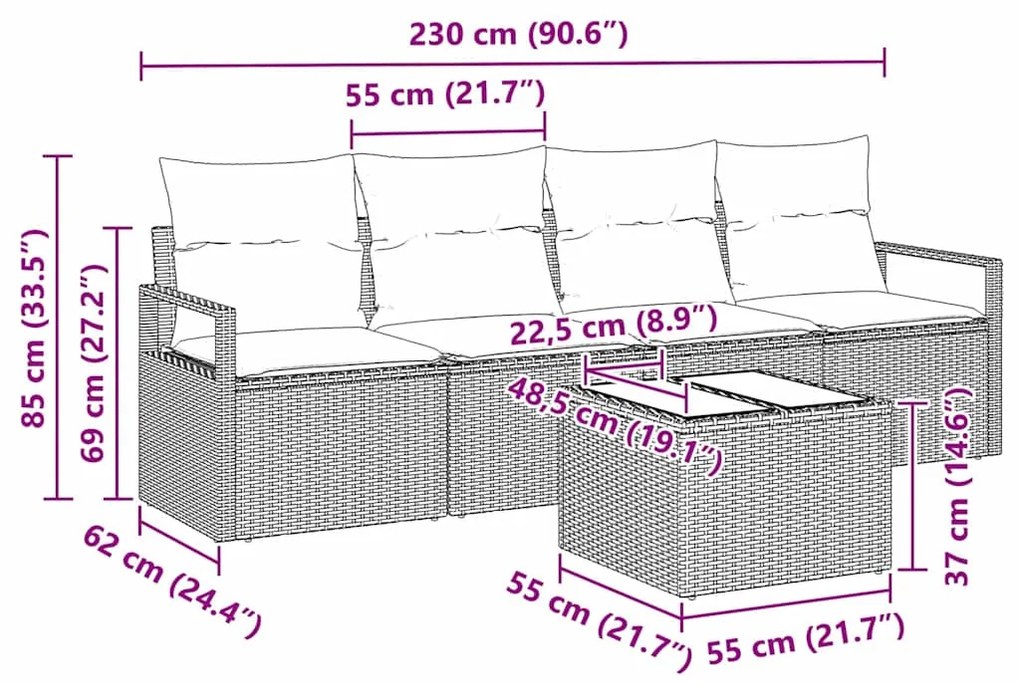 vidaXL Σετ Καναπέ Κήπου 5 Τεμαχίων με Γκρι Μαξιλάρια από Πολυ Ρατάν