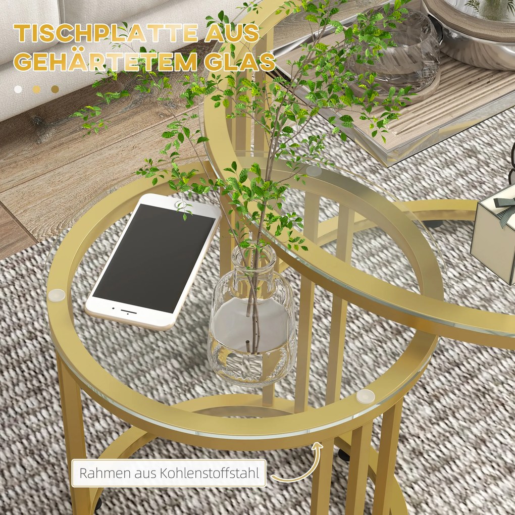 HOMCOM Σετ βοηθητικών τραπεζιών, 2 τραπέζια, ανθρακούχος χάλυβας, γυάλινη επιφάνεια, Ø60x47/Ø40x42 εκ., Χρυσό