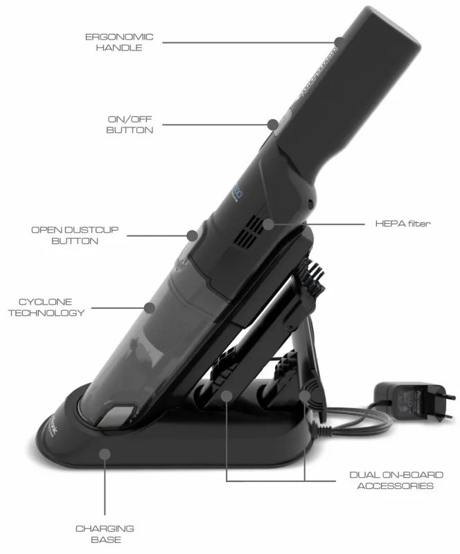 Ασύρματη ηλεκτρική σκούπα TurboTronic TT-LUX500, Li-Ion 2600 mAh, 90W, 12kPA, 150ml, Αυτονομία έως 12 λεπτά, HEPA, 2 ταχύτητες, Μαύρο