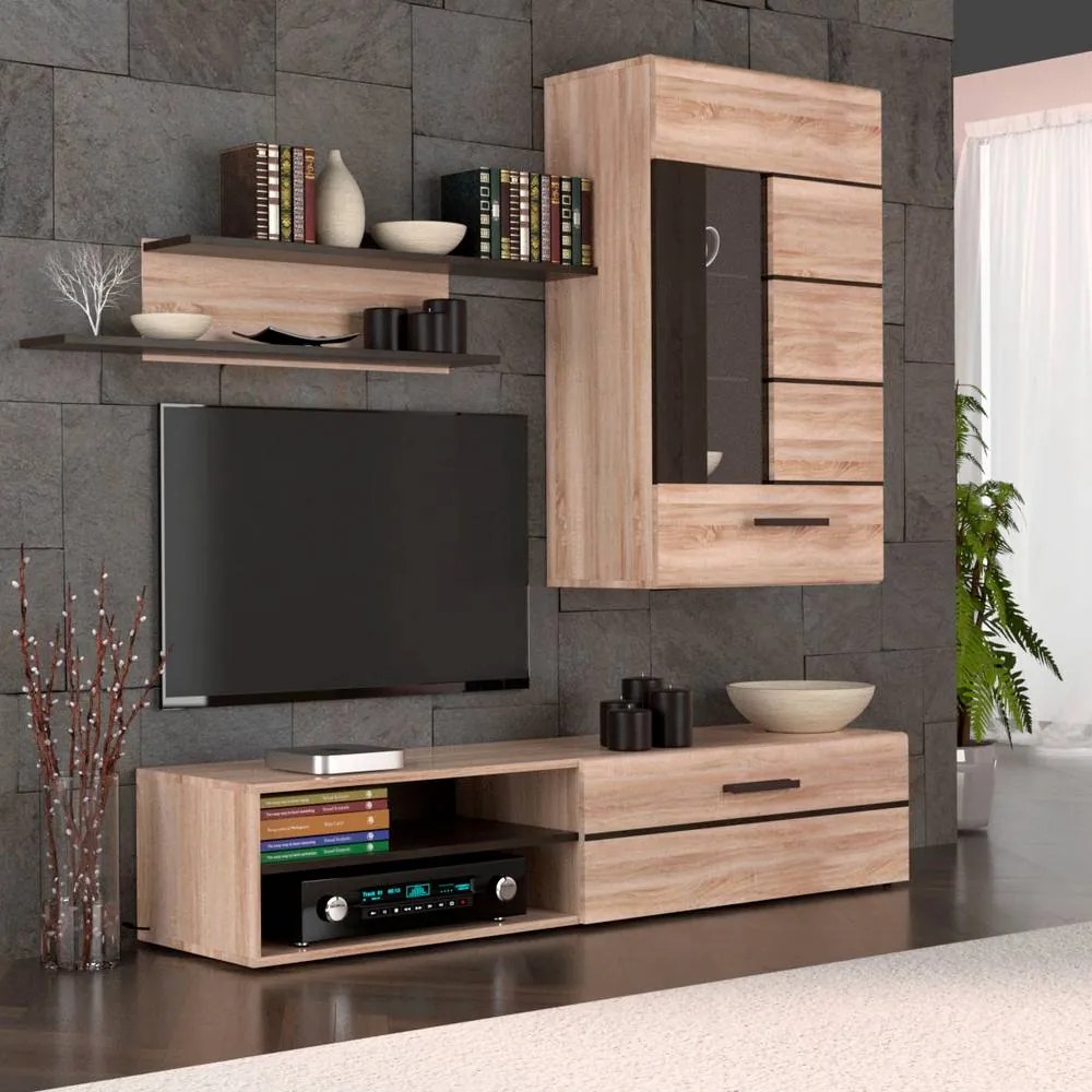 Σύνθεση Τηλεόρασης Solo 228x41x184cm Sonoma με Wenge και MDF καμπυλωτό τελείωμα - TO-SOLOSET1 - TO-SOLOSET1