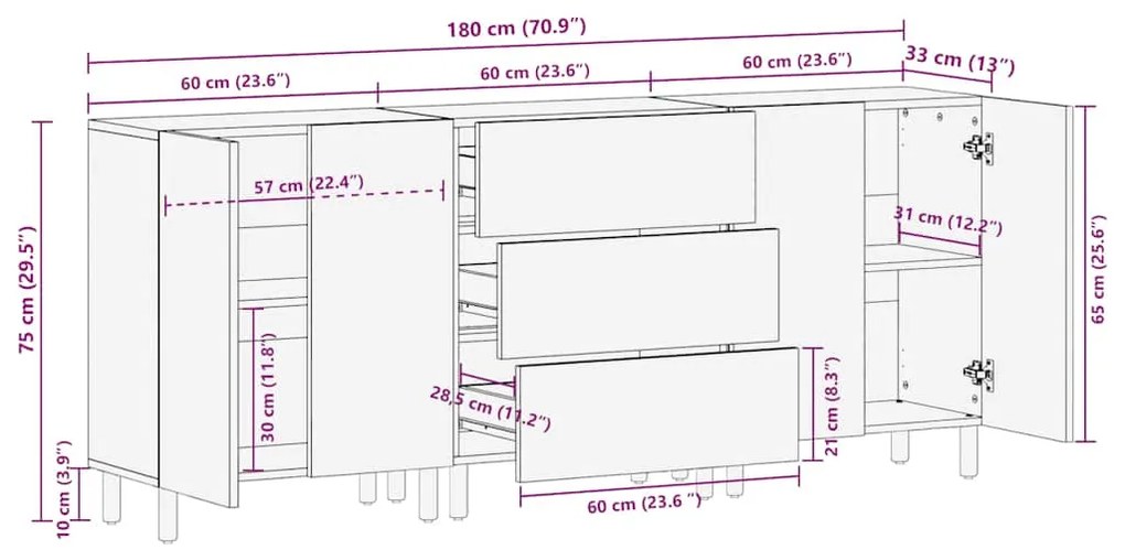 3 τεμαχίων Sideboards καφέ 60x33x75 cm μασίφ ξύλο Mango - Καφέ
