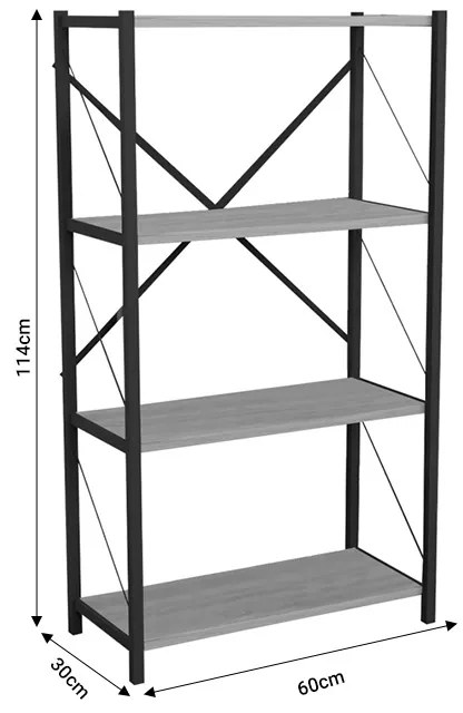 Βιβλιοθήκη Jackrey pakoworld oak μελαμίνης-μαύρο μέταλλο 60x30x114εκ